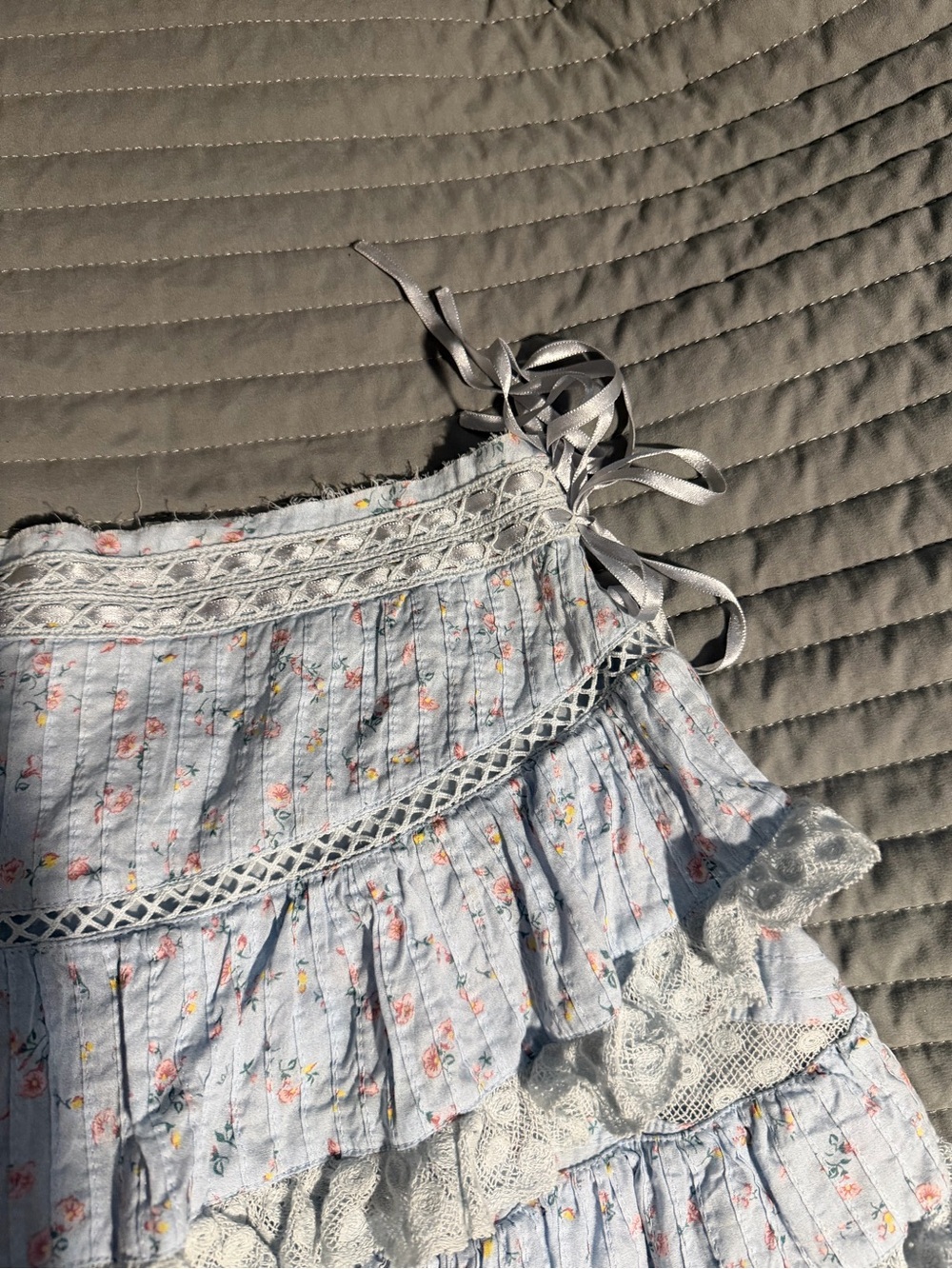 Love Shack Fancy Light Blue Floral Ruffled Mini Skirt - Picture 3 of 6